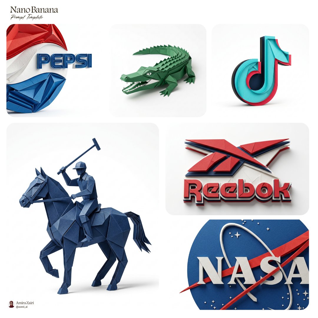 纸艺雕塑Logo分享：Pepsi, Lacoste, TikTok, Reebok, NASA