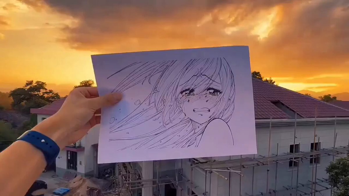 夕阳下动漫少女的哭泣